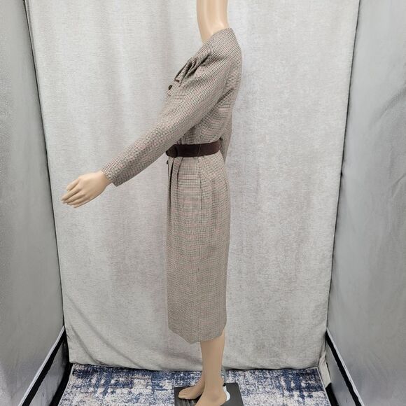 Talbots Vintage Houndstooth Plaid Elegant Brown Belted Button Front Dress - Picture 7 of 15